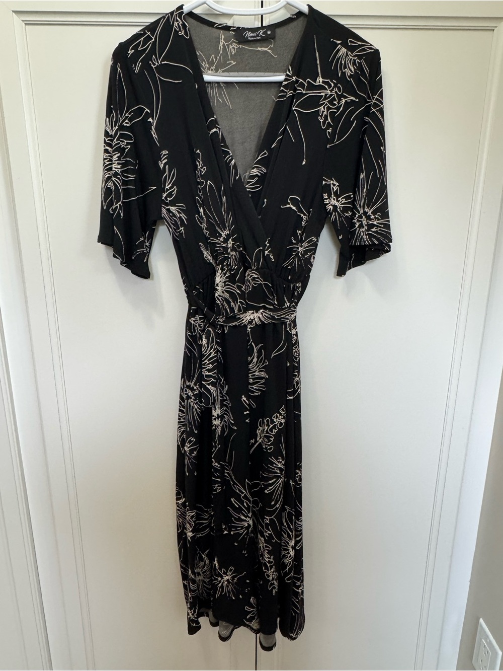 Nina Ricci Black Midi Wrap Dress with Cream Floral Print